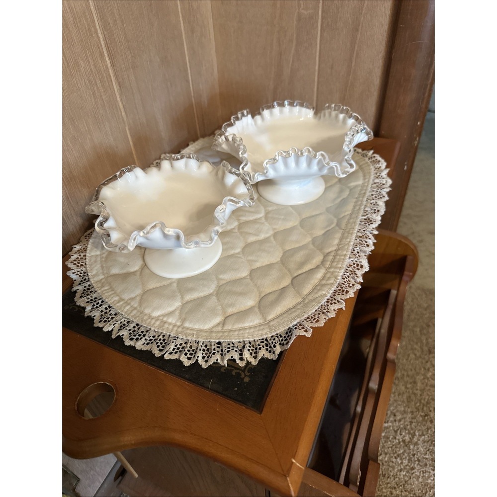 Vintage Fenton Silver Crest Ruffled Edge White Milk Glass Bowls Lg And Medium